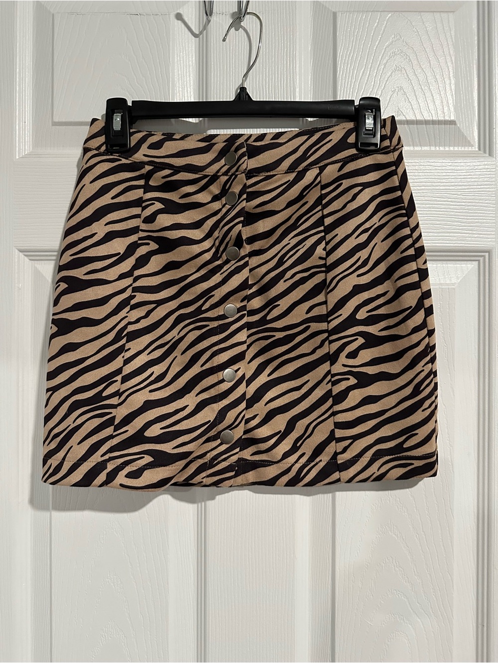 Zebra-Print Button-Front Mini Skirt in Beige and Black